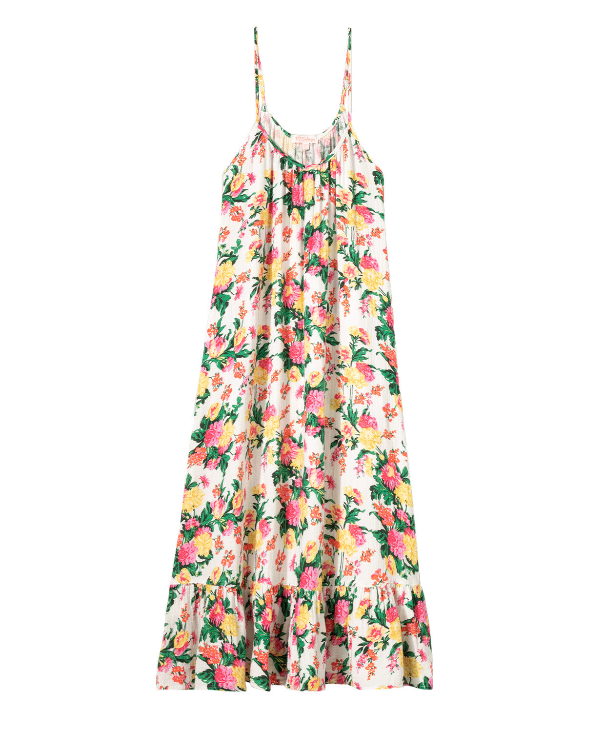 Dahlia Dress – Tropical Floral Sleep Dress in vibrant floral print, lightweight and airy with delicate straps and a softly flounced hem, styled for relaxed mornings or lounging at home.