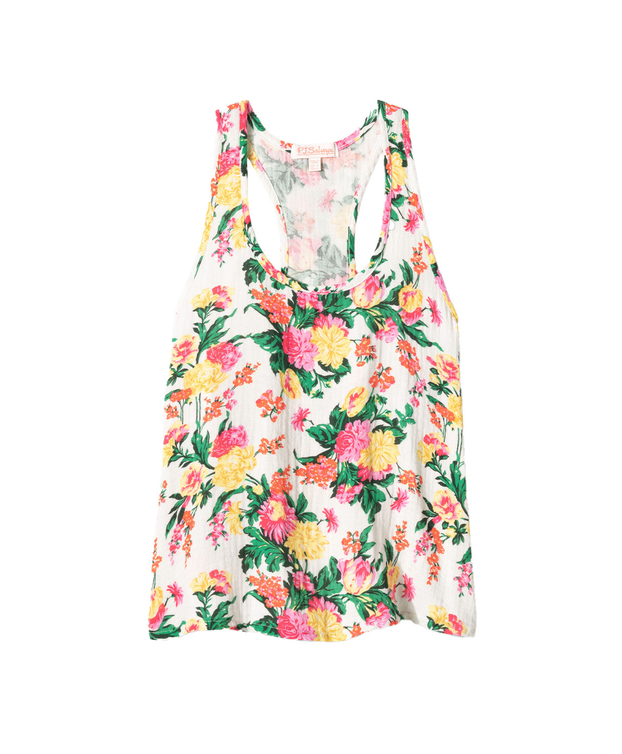 Dahlia Racerback Tank – lightweight tropical floral tank with scoop neckline and airy winged racerback, offering a relaxed, comfortable fit ideal for lounging or vacation mornings, styled with matching wide-leg pants.