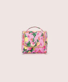 Floral-patterned toiletry bag on a light pink background