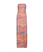 A strapless maxi dress with a wavy, abstract pattern in pastel shades of orange, pink, purple, and blue, shown against a plain white background.