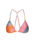 A triangle bikini top with a colorful gradient pattern of pink, orange, and blue, featuring thin adjustable straps and gold-tone hardware, shown on a plain white background.