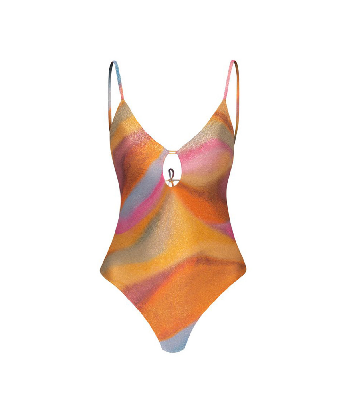A one-piece swimsuit with a vibrant, abstract wavy pattern in shades of orange, pink, yellow, and blue, featuring spaghetti straps and a small central cutout with a black and white graphic.
