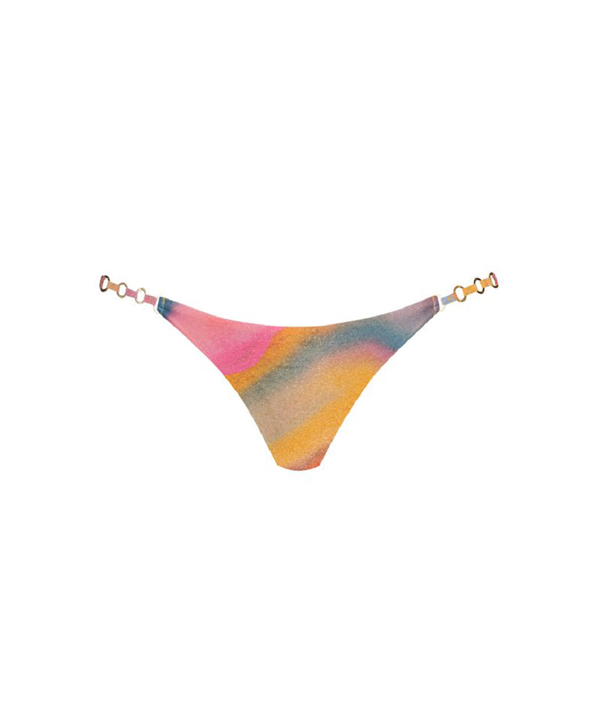 A low-rise bikini bottom with a vibrant, abstract watercolor pattern in pink, yellow, orange, and blue, featuring gold-tone chain straps on a plain white background.
