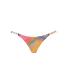 A low-rise bikini bottom with a vibrant, abstract watercolor pattern in pink, yellow, orange, and blue, featuring gold-tone chain straps on a plain white background.