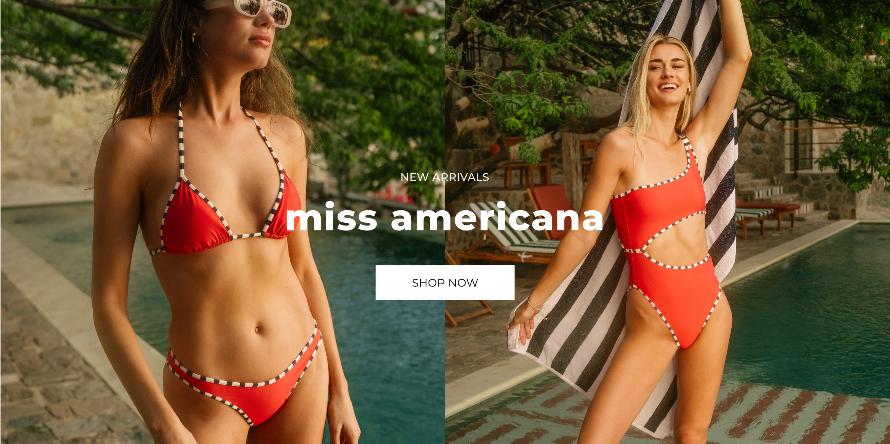 Two women wearing red white and blue swimsuits poolside.