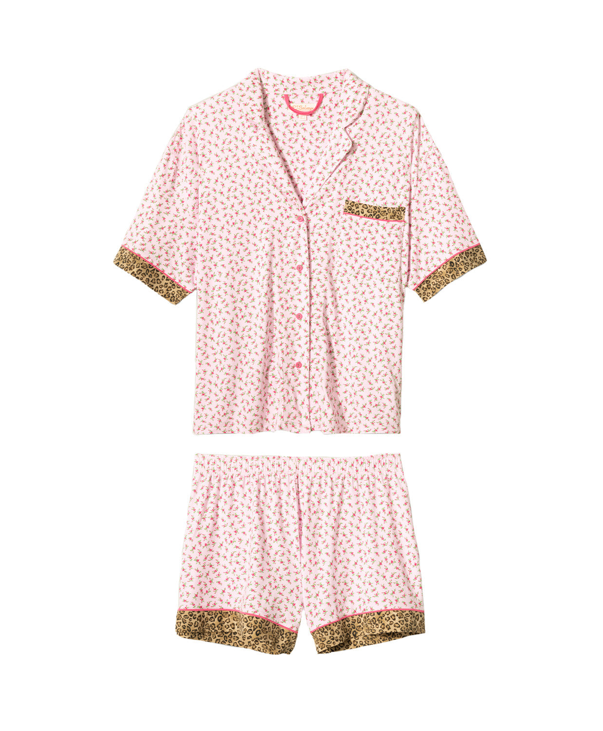 Ditsy Floral Shorts Set featuring pink ditsy florals with leopard-print trim, button-down top, and matching pull-on shorts.