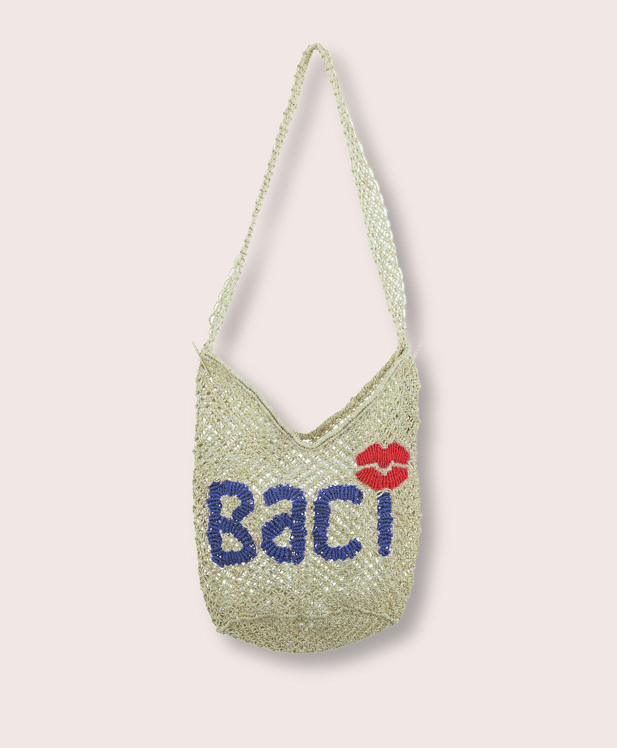 A purse/tote that says "Baci" in blue letters against a white wall.