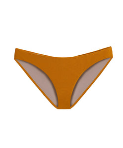 An orange ruched bikini bottom in full coverage.  Featured against a white wall background.