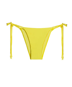 A yellow macrame tie side bikini bottom. Featured against a white wall background.