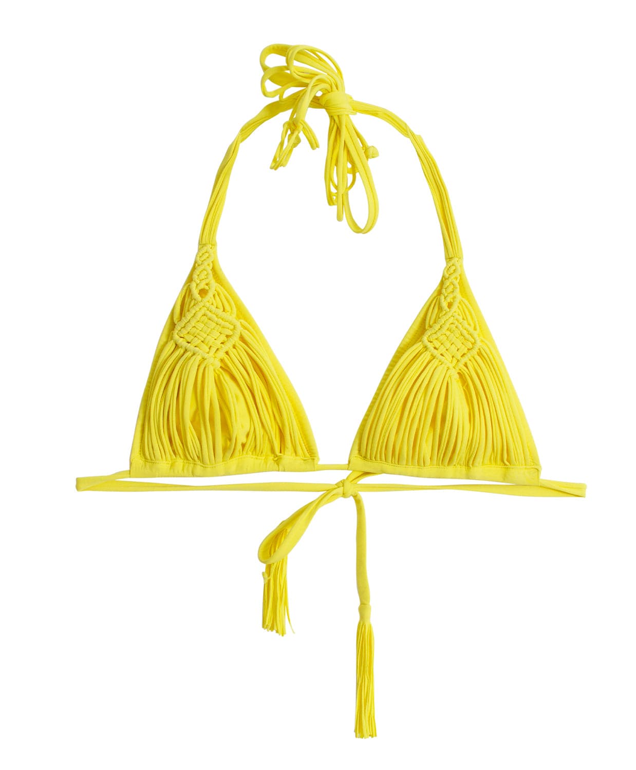 A yellow macrame triangle bikini top. Featured against a white wall background.