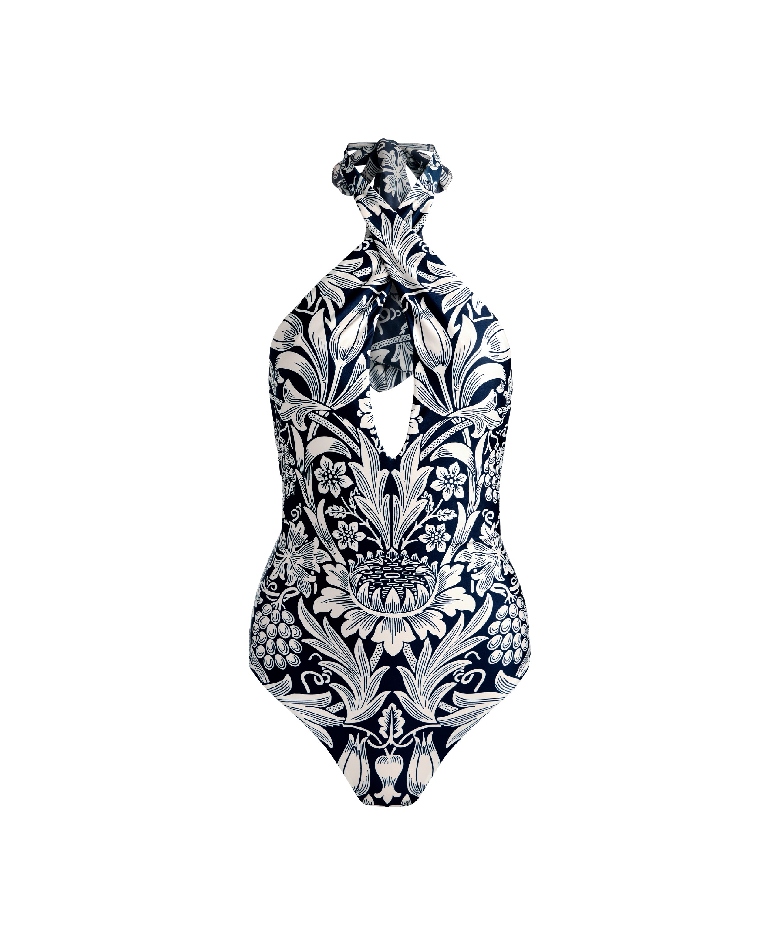 A one-piece halter swimsuit with a navy blue and white botanical pattern, set against a solid light gray background.