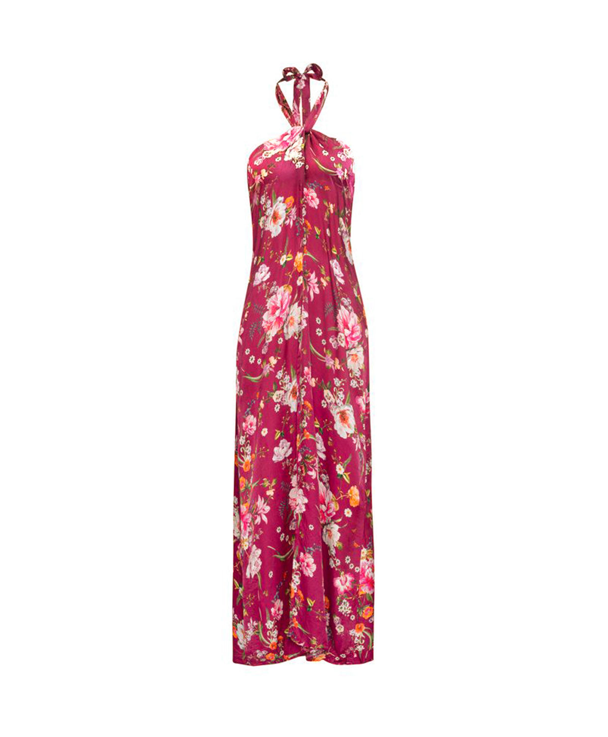 A sleeveless halter-neck maxi dress with a vibrant magenta floral print, featuring pink, white, and yellow flowers with green leaves, shown against a plain white background.
