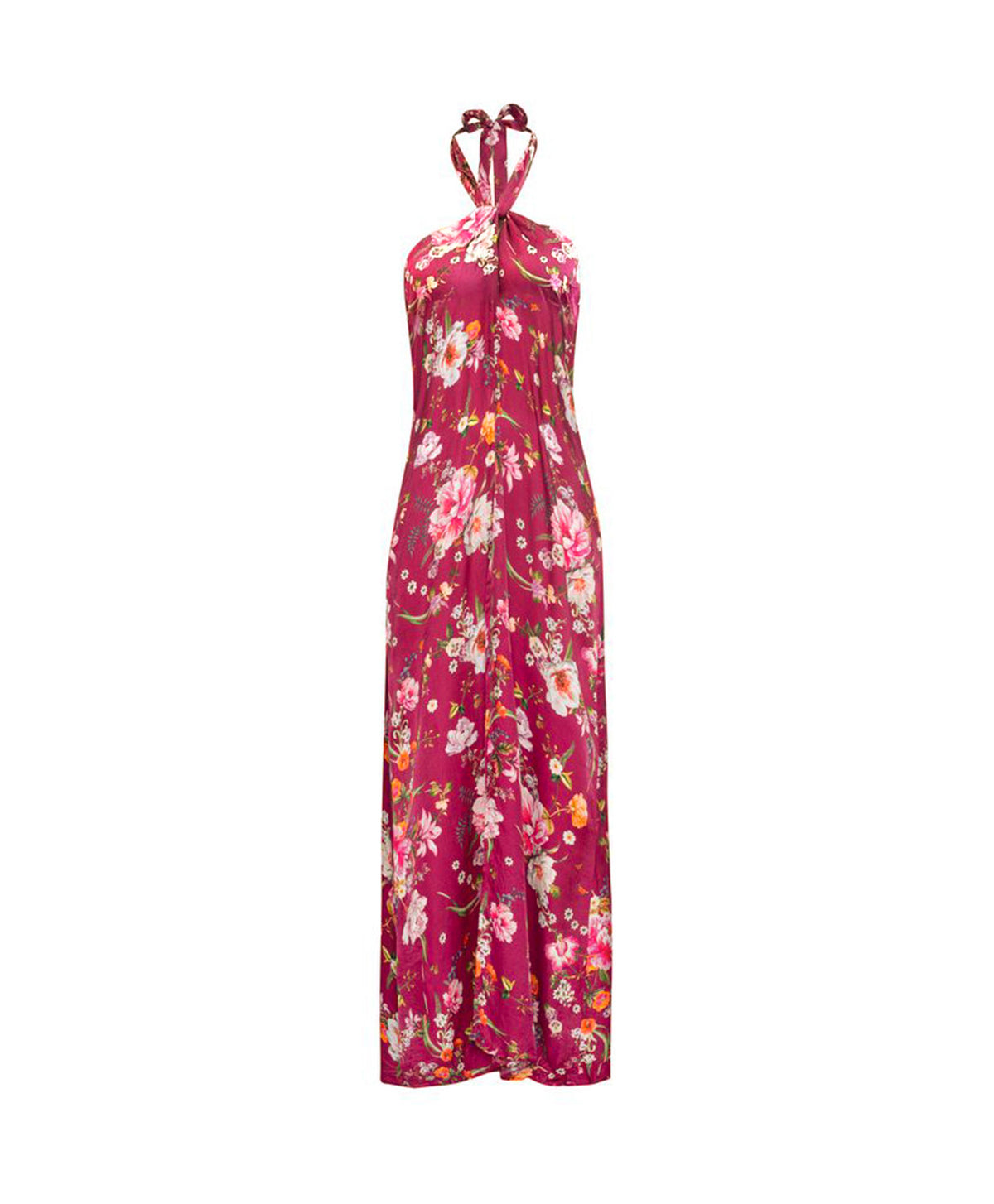 A sleeveless halter-neck maxi dress with a vibrant magenta floral print, featuring pink, white, and yellow flowers with green leaves, shown against a plain white background.