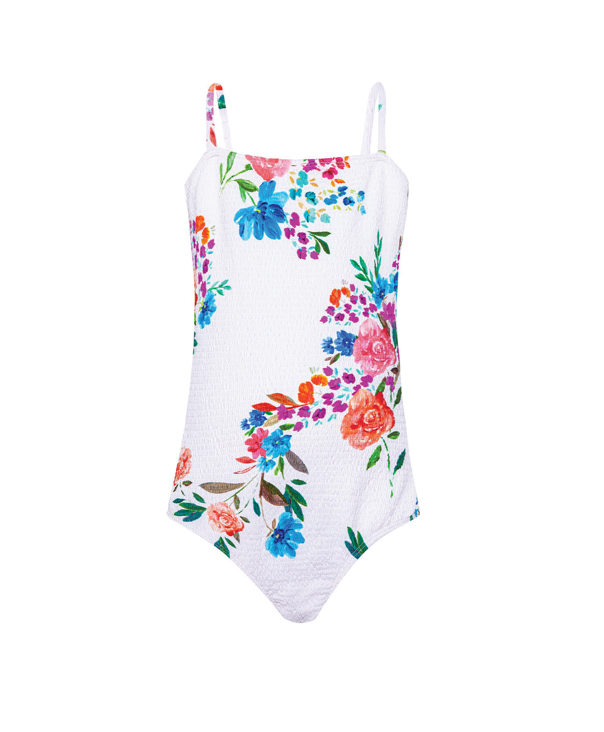 One-piece swimsuit with colorful floral pattern on a white background