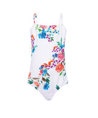 One-piece swimsuit with colorful floral pattern on a white background