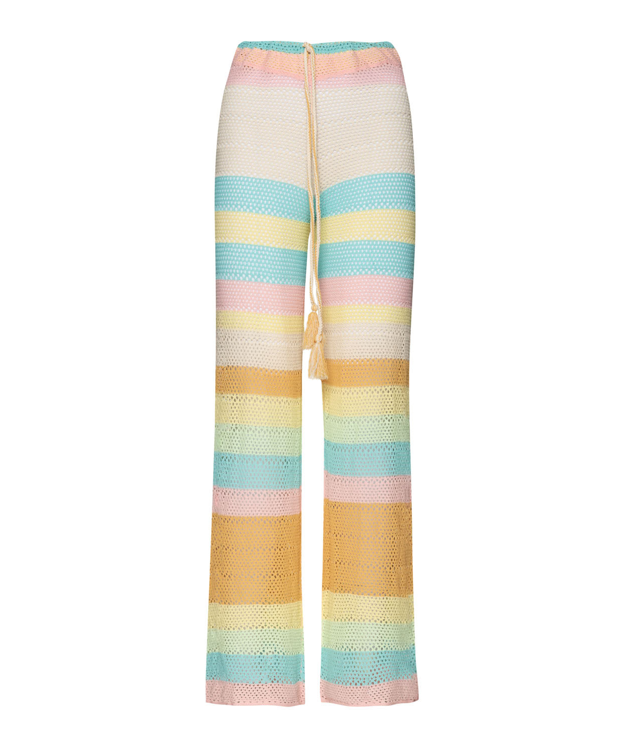 Long crochet striped pants against a white wall.