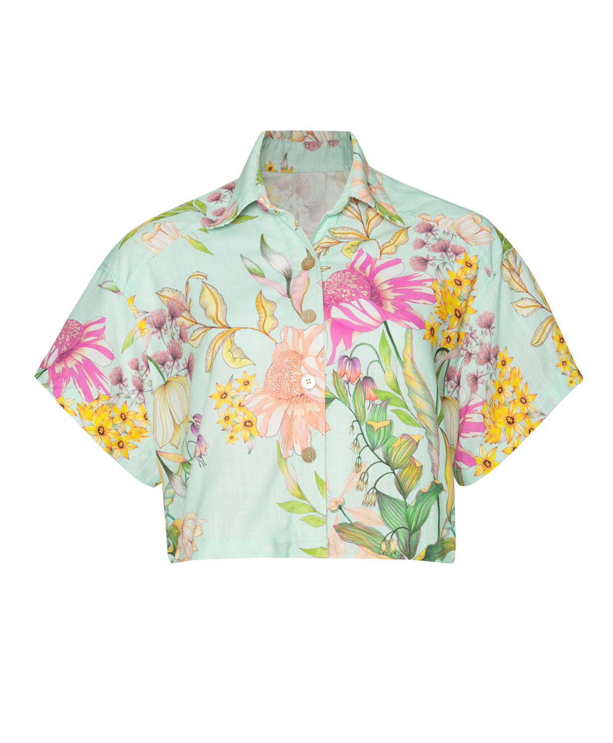 A teal floral collared short sleeve shirt in front of a white background.