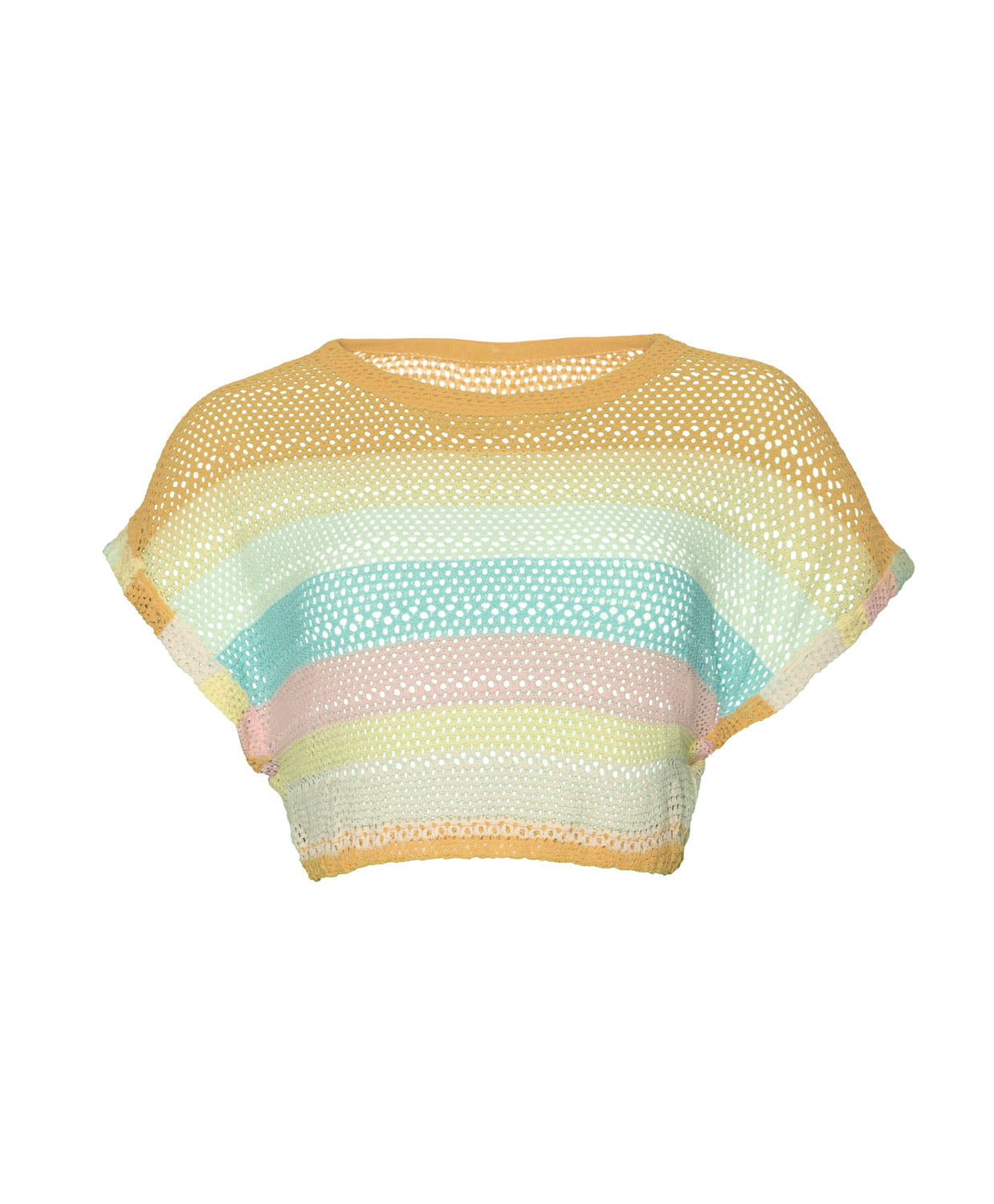 A striped crochet knit top against a white wall.