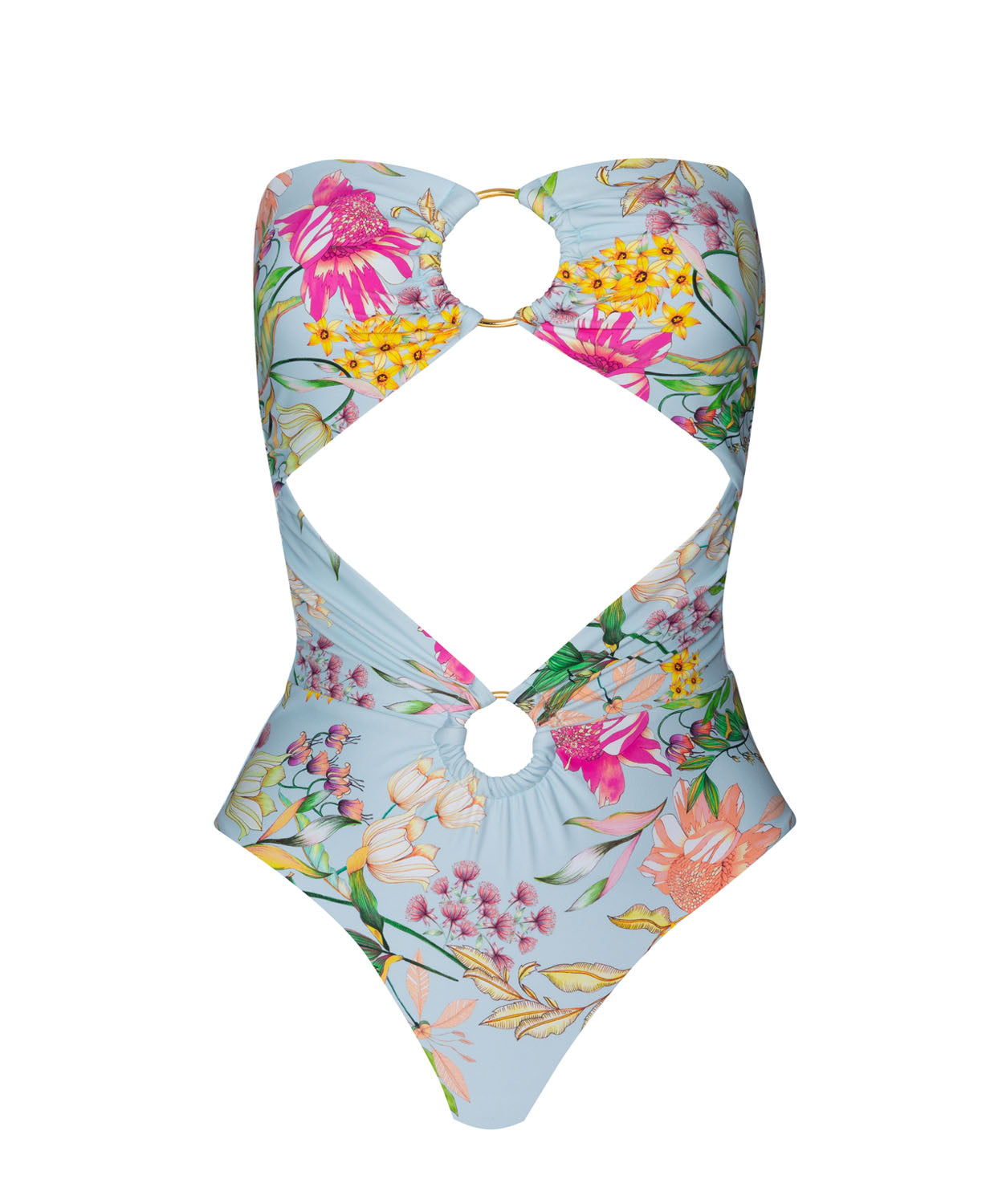 A strapless light blue floral one piece swimsuit against a white wall.