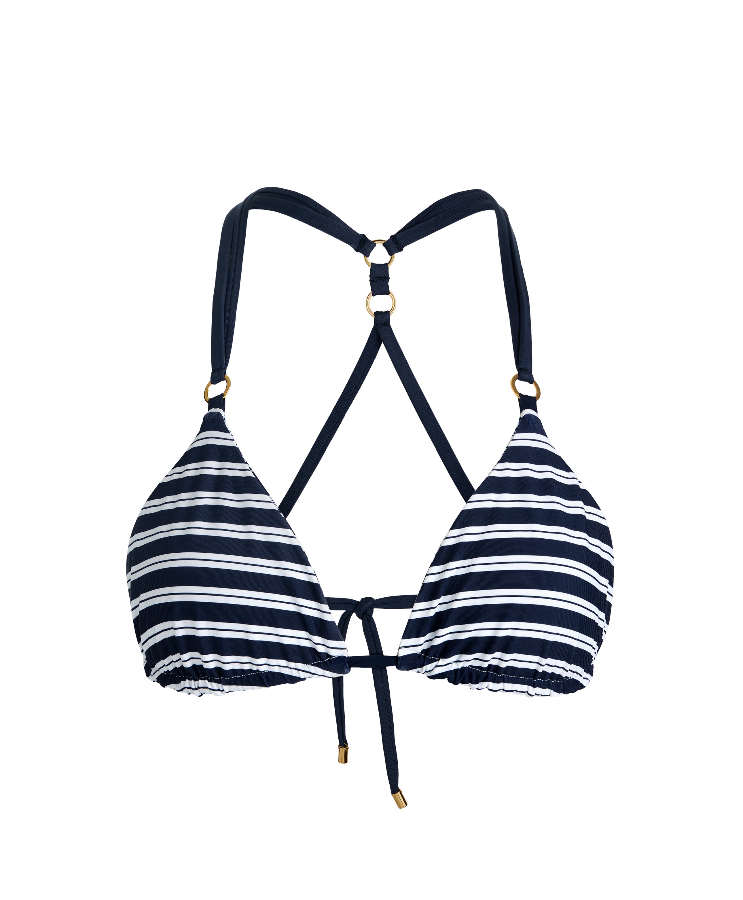 A navy blue and white stripe print triangle bikini top with gold-tone ring hardware at the straps against a white background.