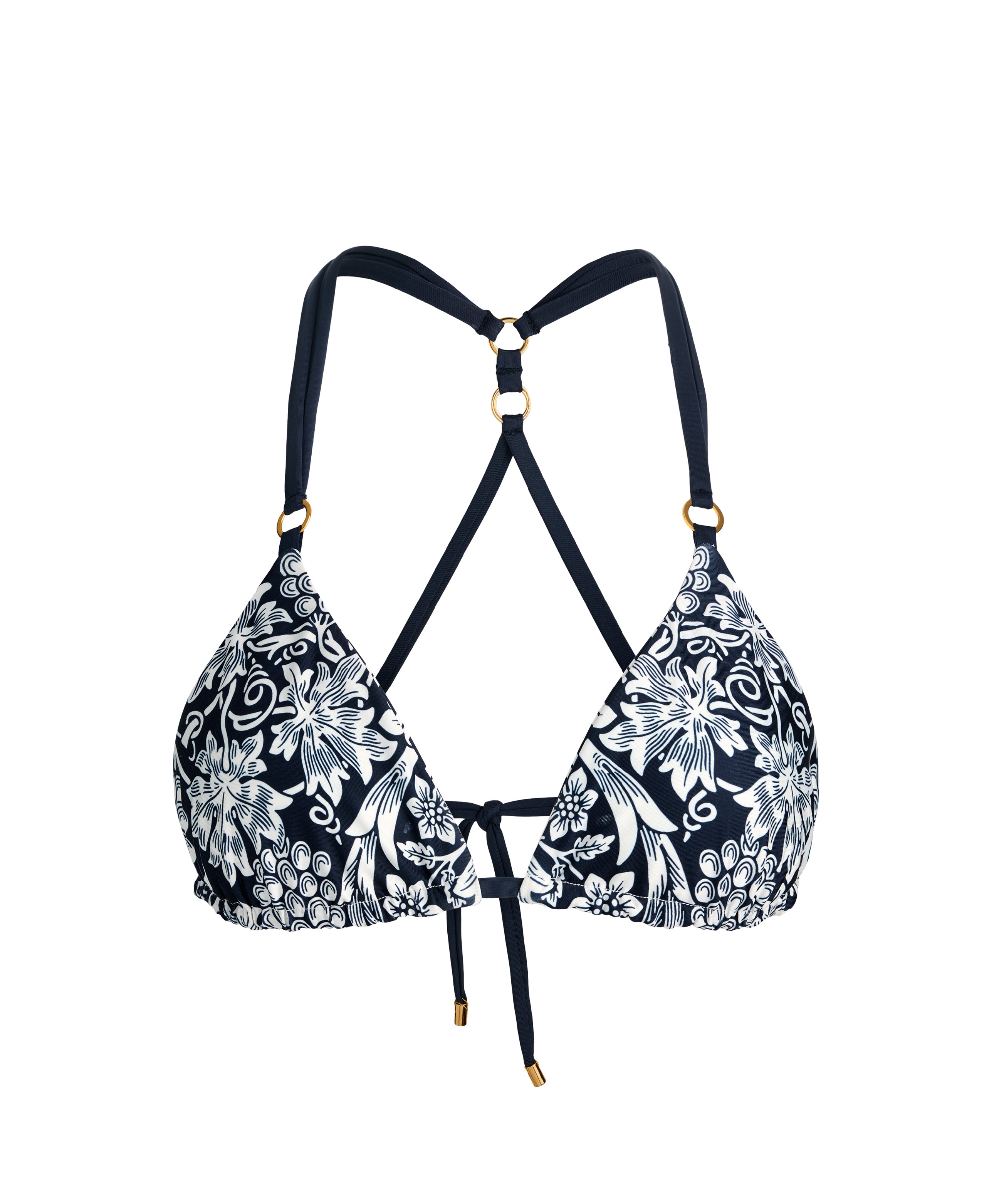 A navy blue and white floral print triangle bikini top with gold-tone ring hardware at the straps against a white background.
