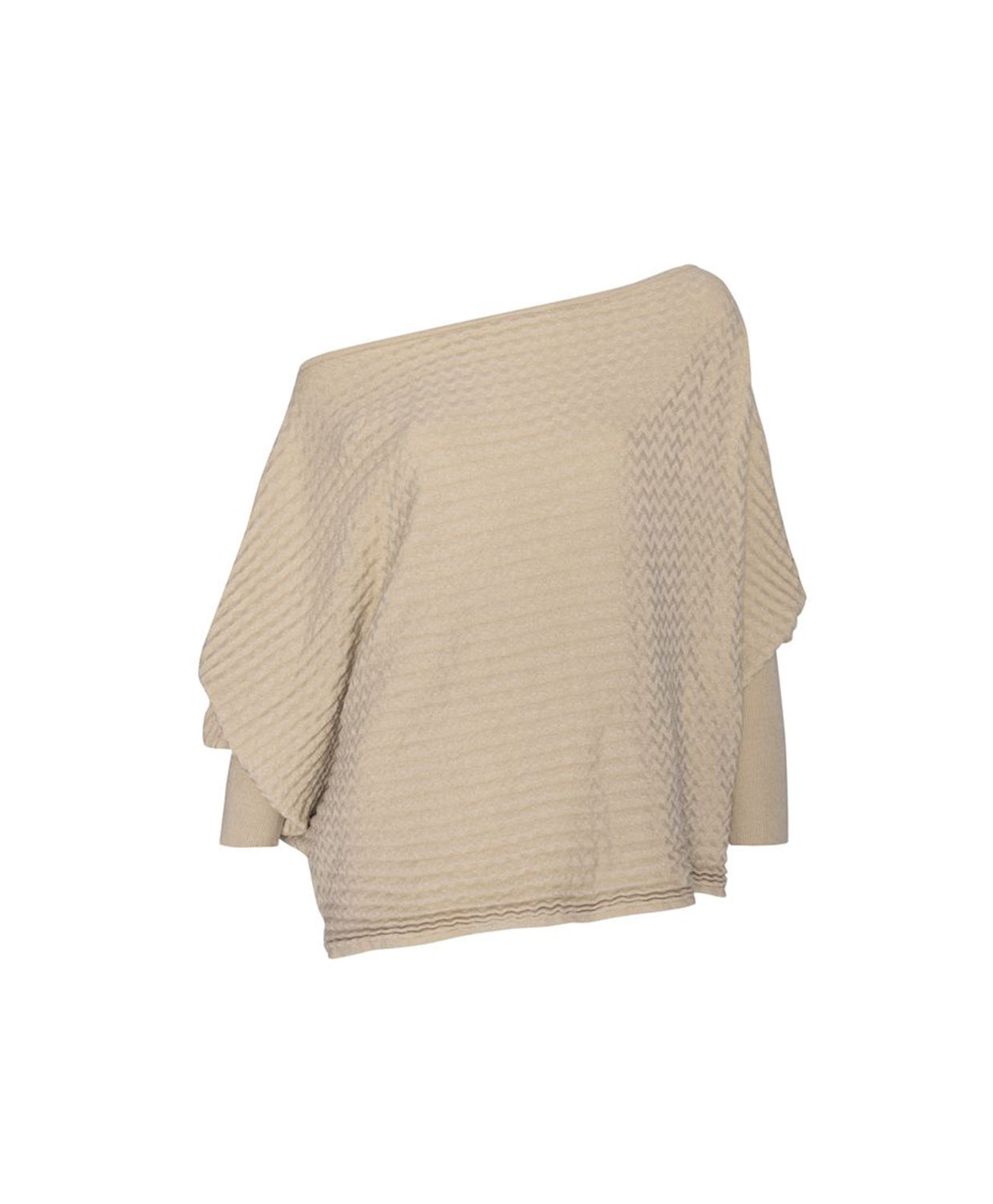 A beige textured knit top with an asymmetrical draped neckline, shown against a plain white background.