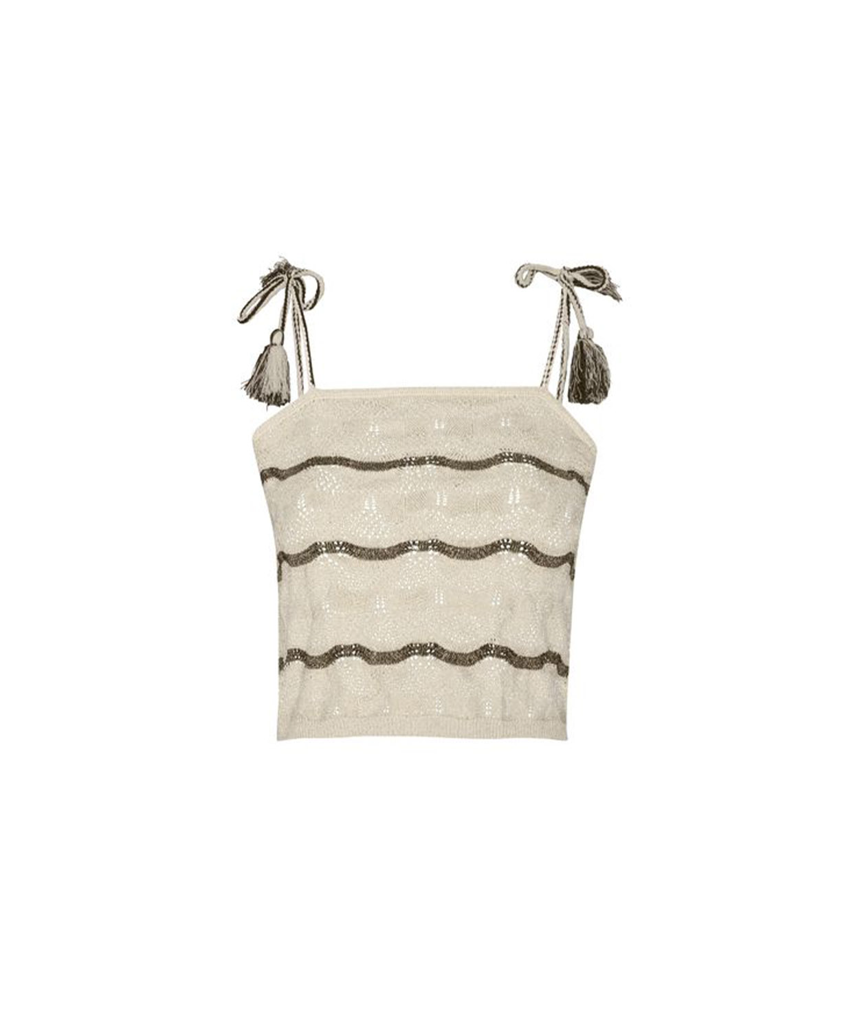 A cream-colored knit crop top with horizontal wavy bands of metallic gold sequins and tie-shoulder straps with tassel accents, shown on a plain white background.