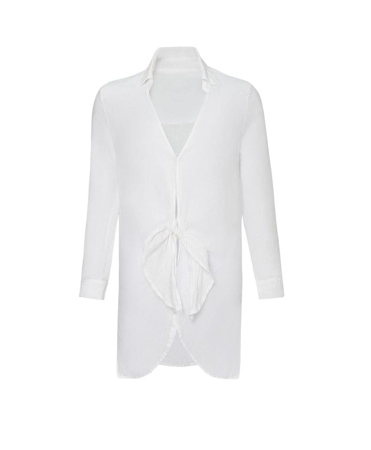 A white long sleeve cover up with a tie closure in the front against a white wall. 