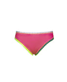 Pink bikini bottom with colorful trim on a white background