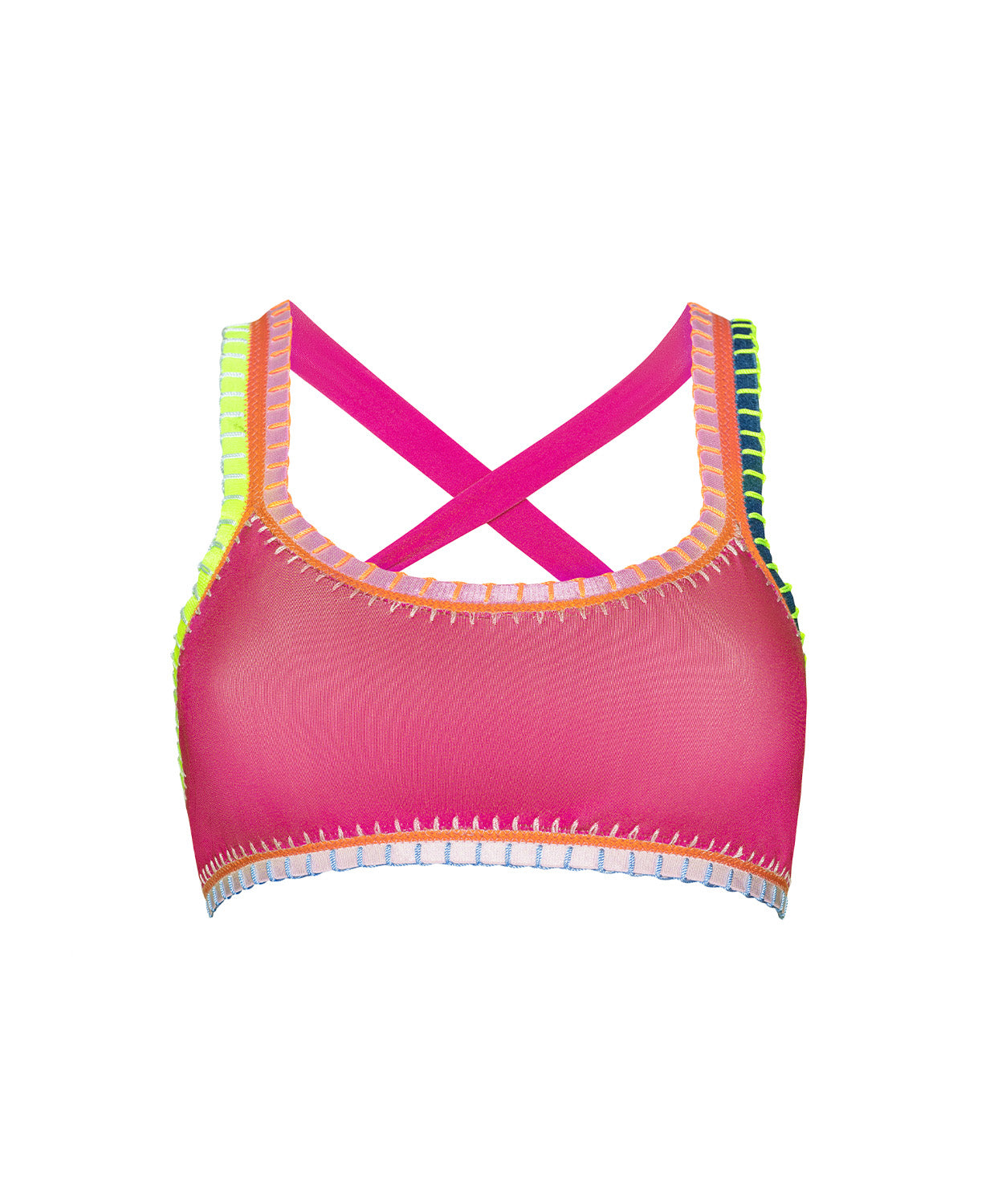 Pink bikini top with colorful trim on a white background