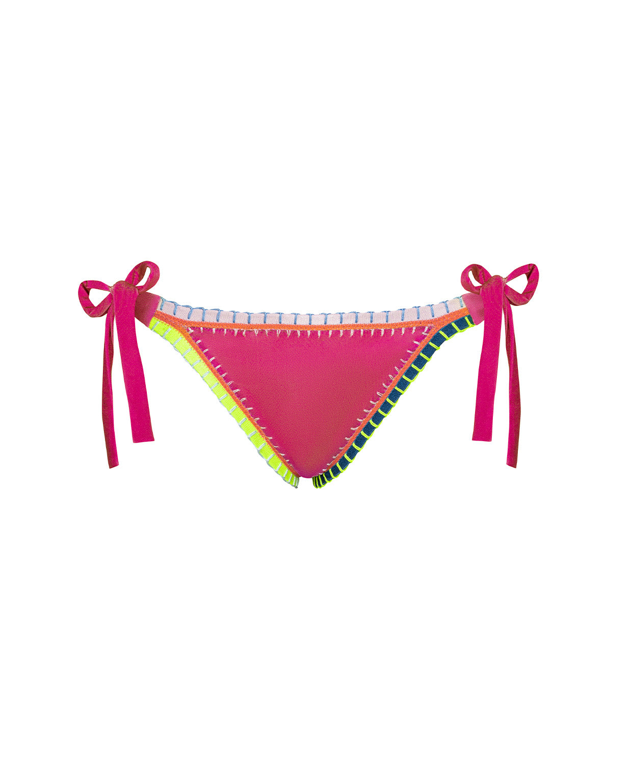 Pink bikini bottom with colorful trim and bows on a white background