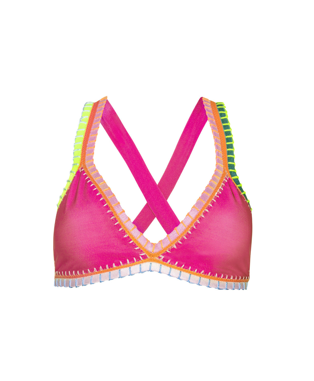 Pink bikini top with colorful trim on a white background
