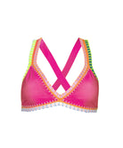 Pink bikini top with colorful trim on a white background