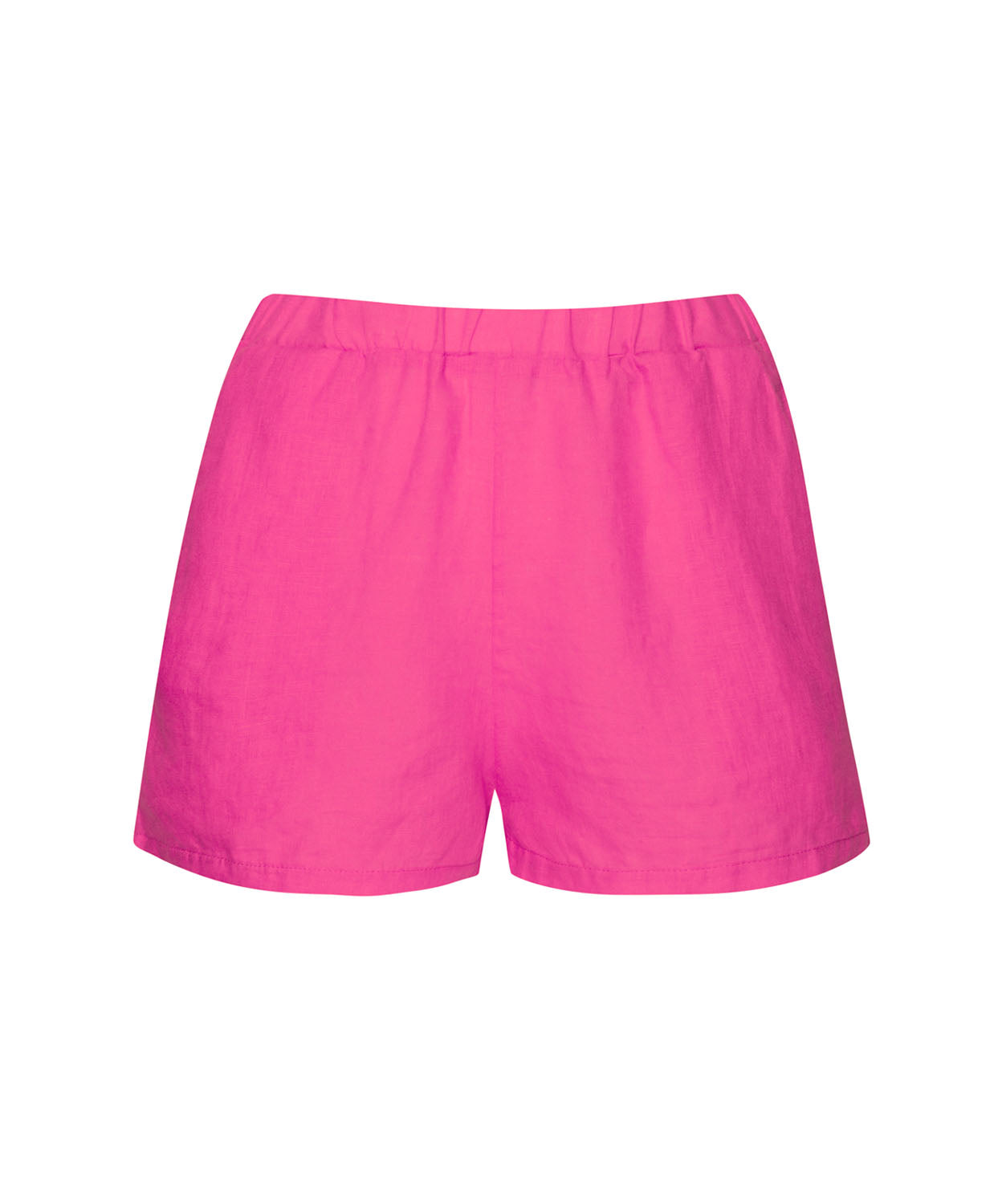 Hot pink linen shorts against a white wall.