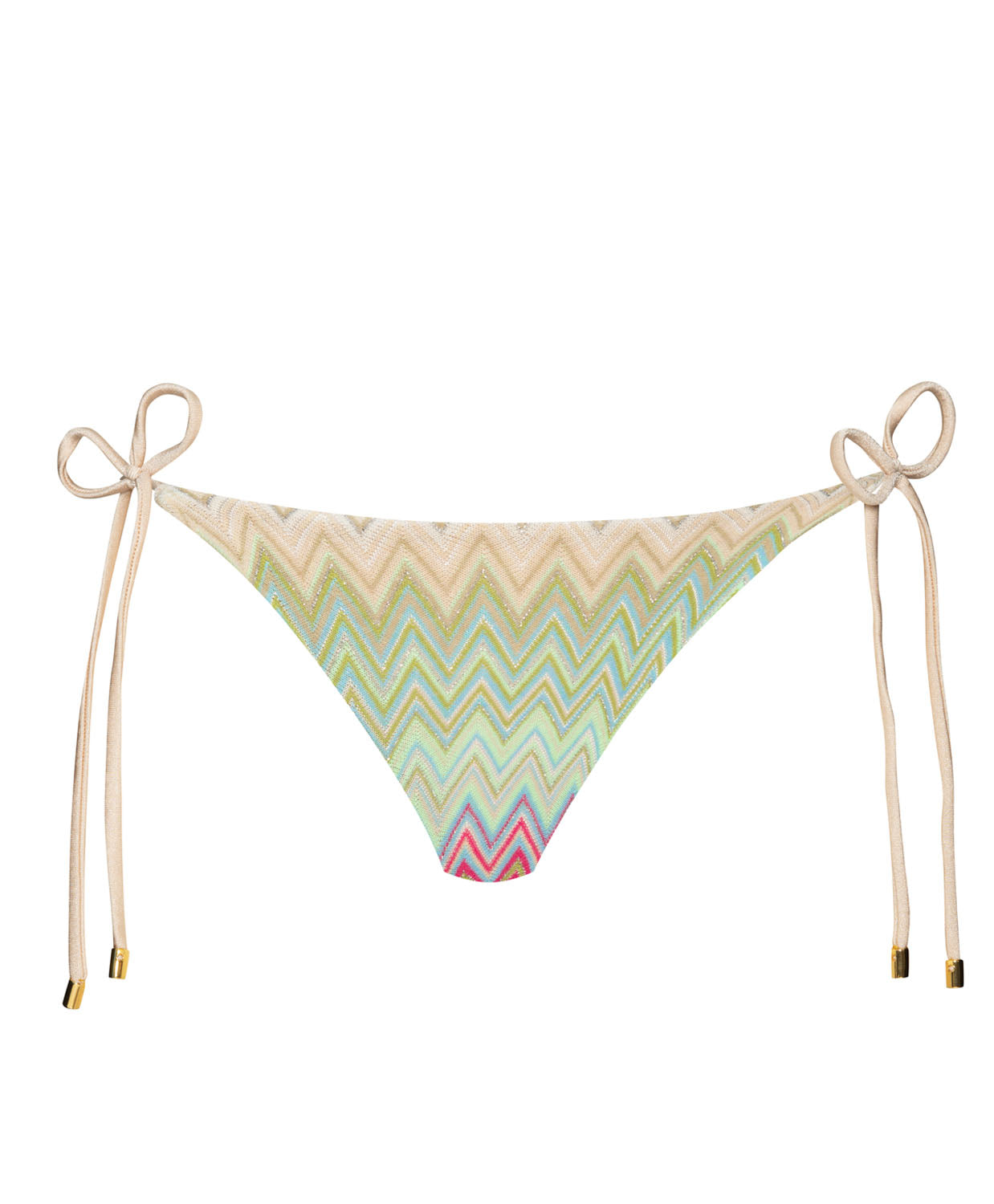Striped bikini bottom with tie sides against a white wall. 