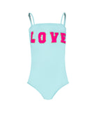 Light blue swimsuit with pink 'LOVE' text on a white background