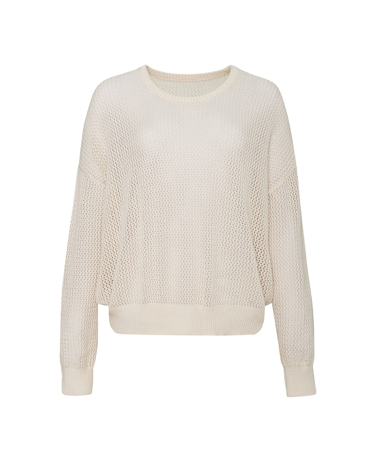 An ivory knit long sleeve sweater against a white wall background. 