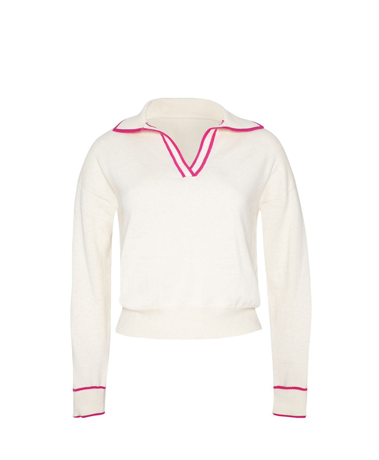 White sweater with pink trim on a white background