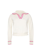 White sweater with pink trim on a white background