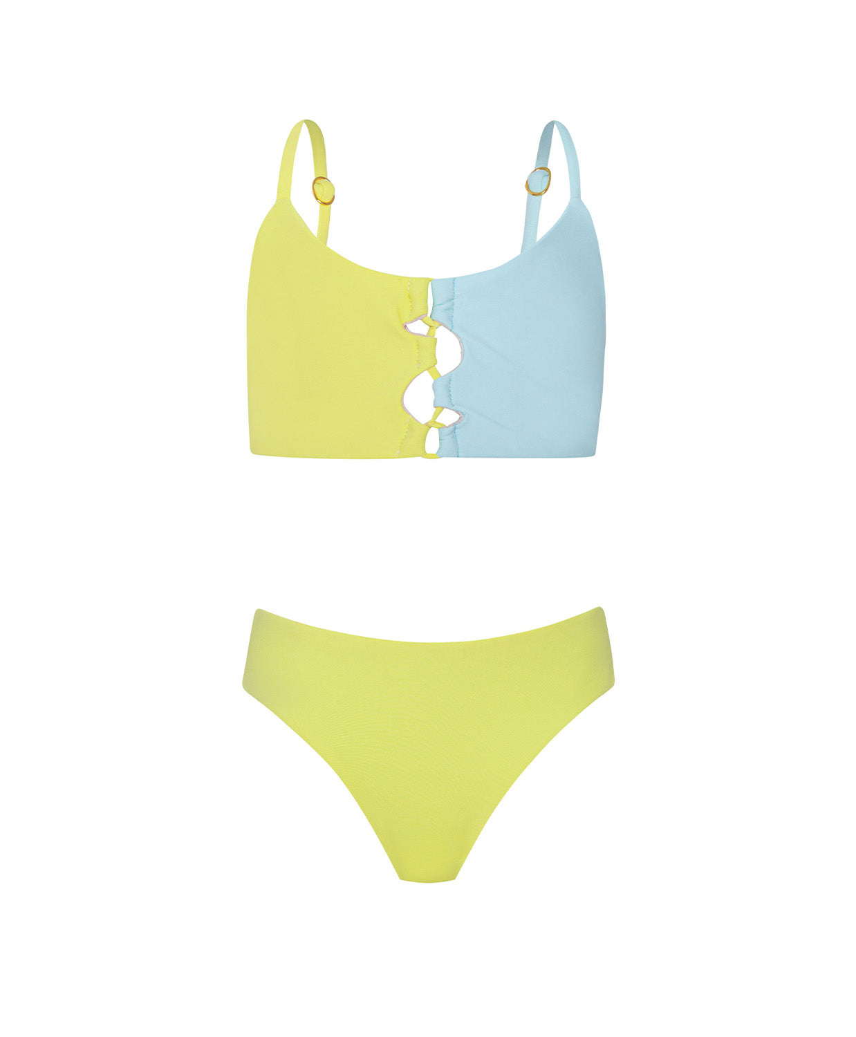 Two-piece swimsuit with yellow top and bottom on a white background