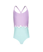 Two-tone swimsuit with purple top and light blue bottom on a white background