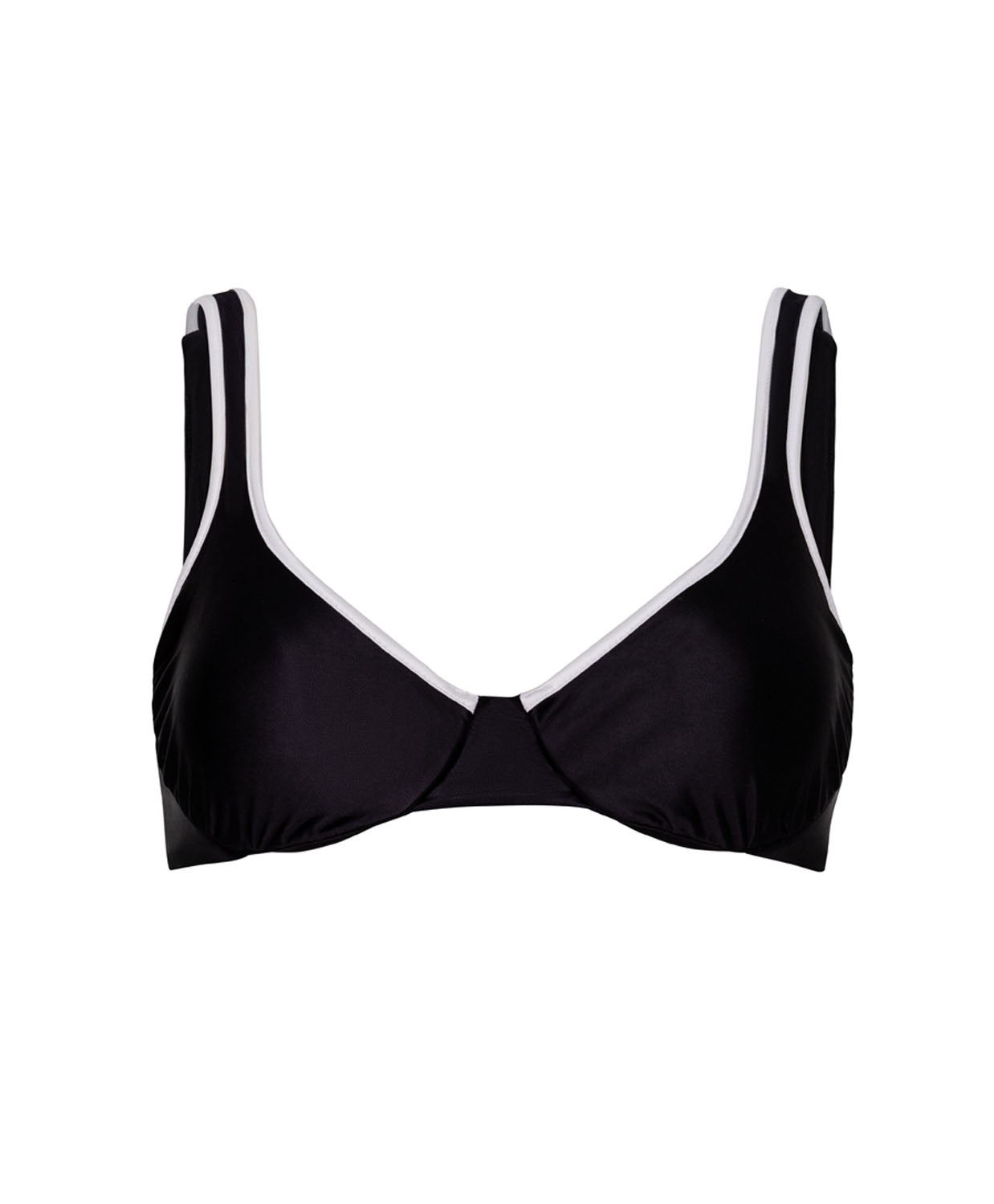 A black bikini top with white trim against a white wall. 