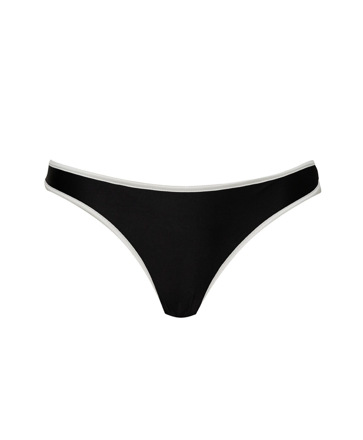 A black bikini bottom with white trim against a white wall. 