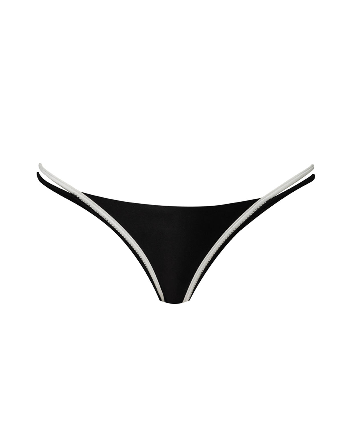 A black bikini bottom with white trim against a white wall. 