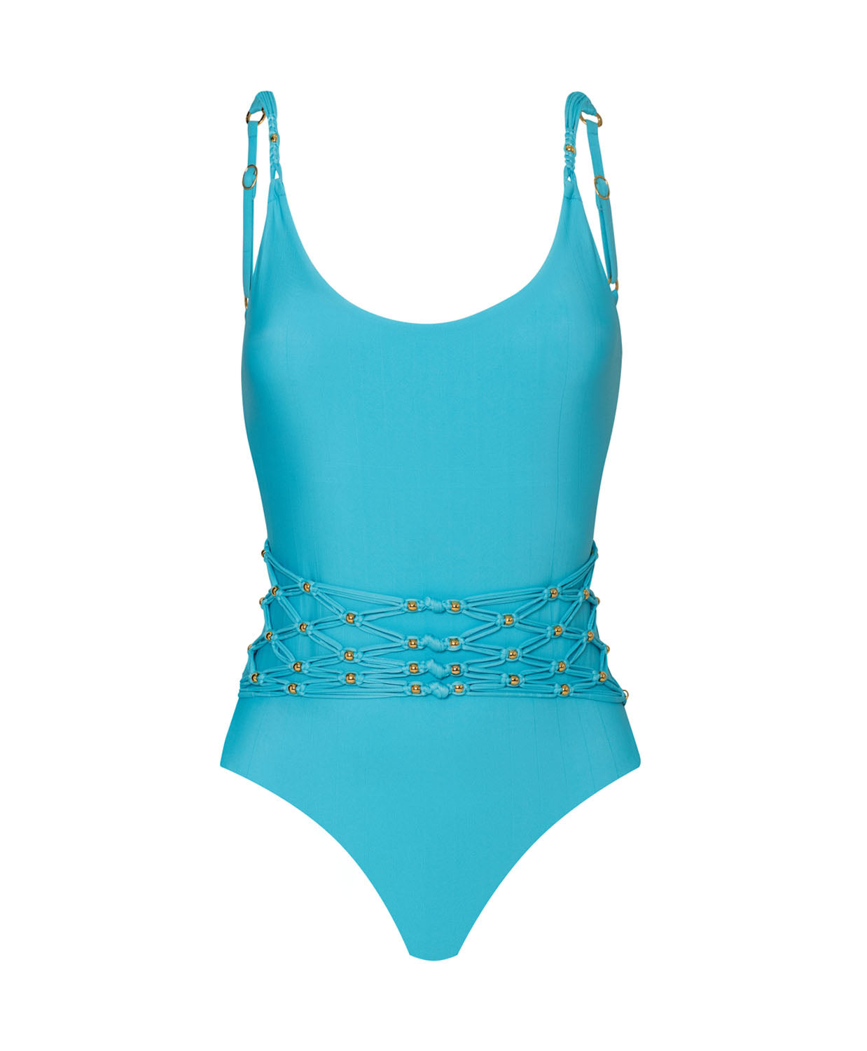 A blue one piece swim suit against a white wall. 