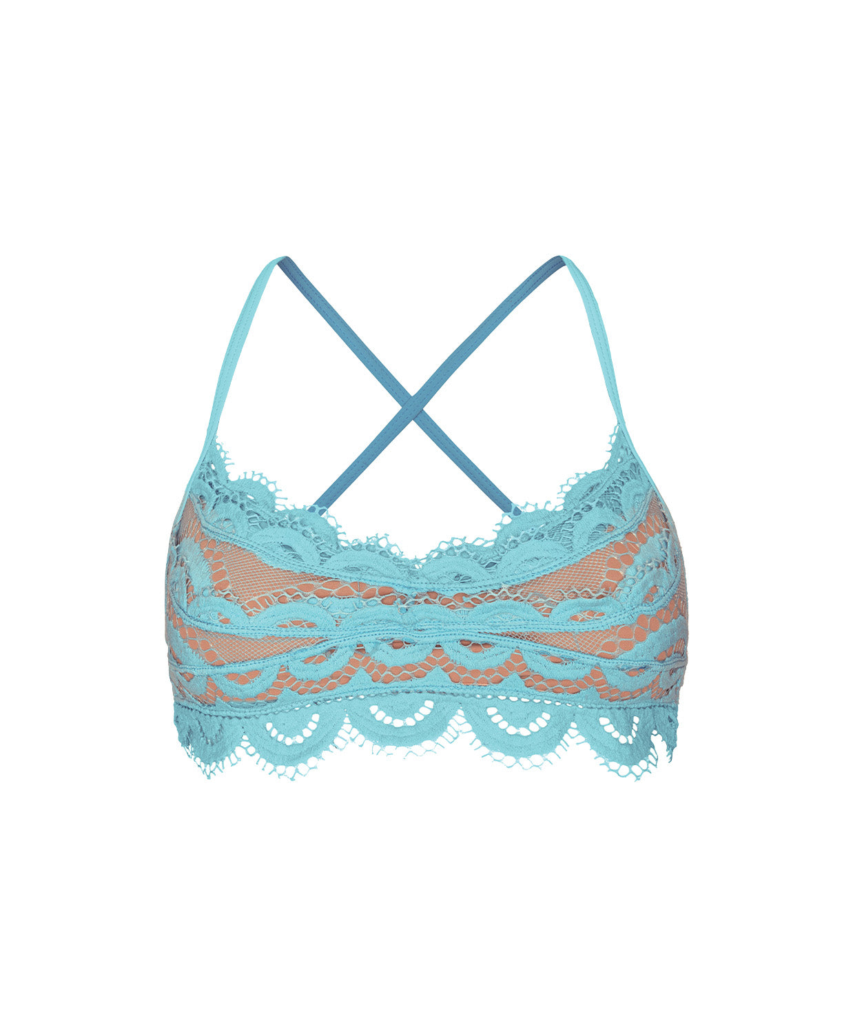 Blue lace bralette swim top on a white background