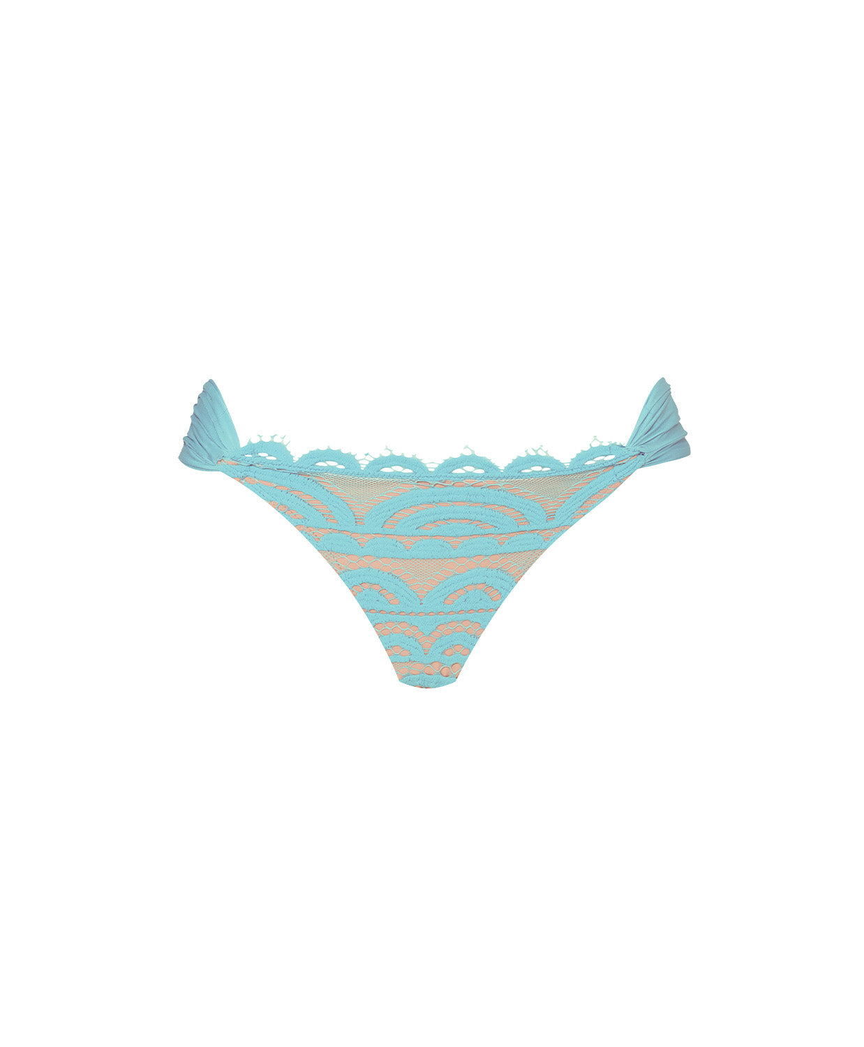 Blue and beige lace bikini bottom on a white background