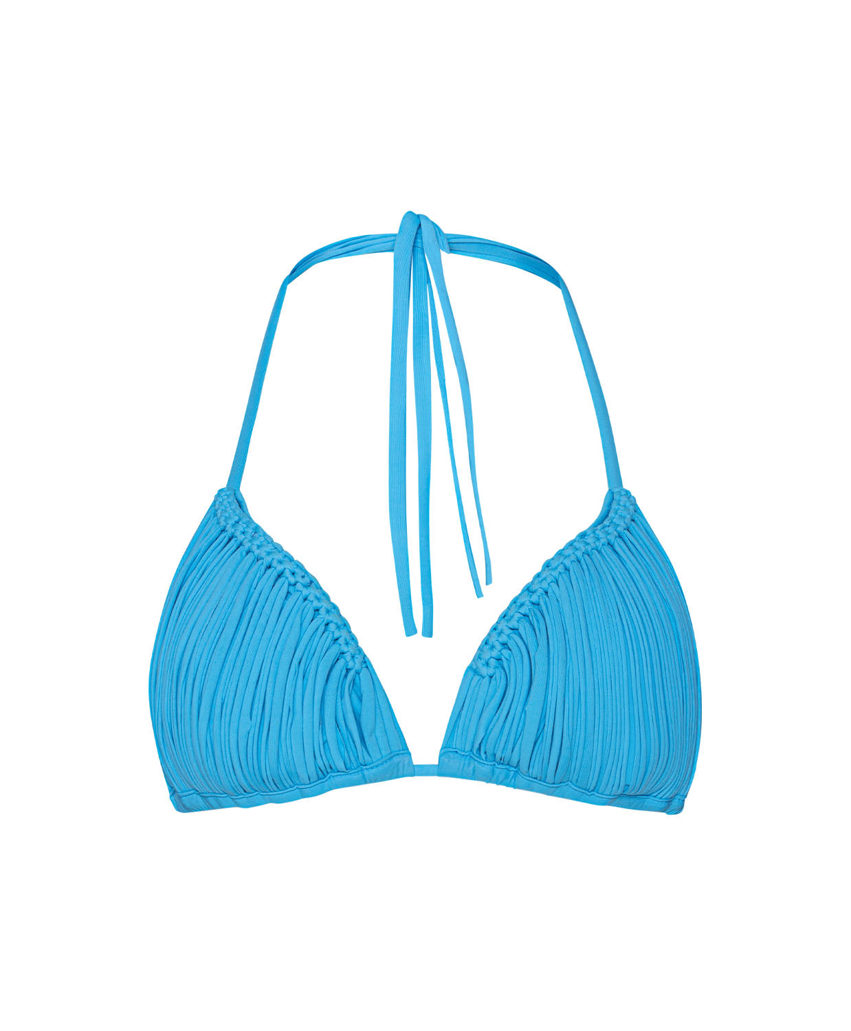 Blue triangle bikini top on a white background