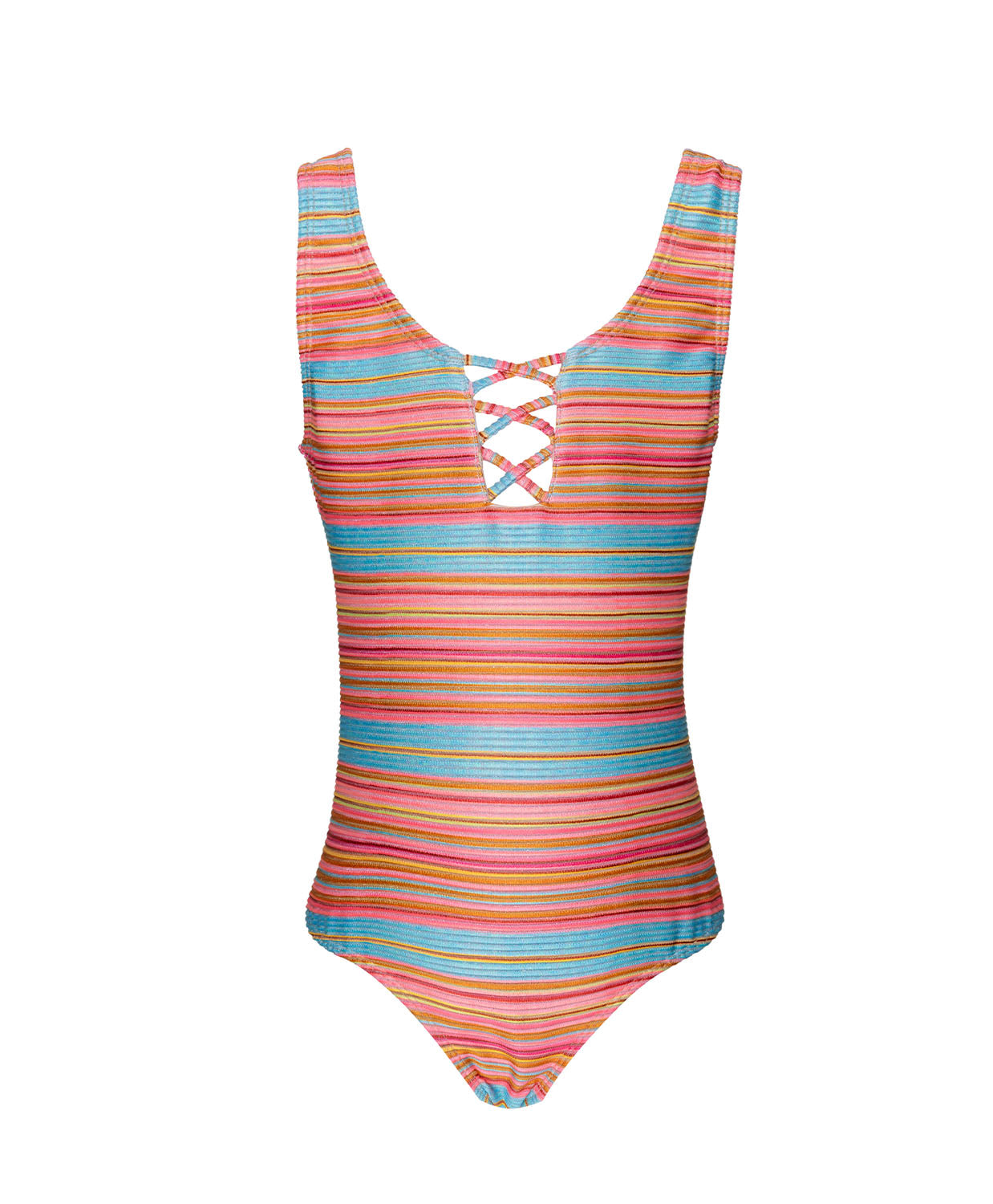 A striped one piece swim suit against a white wall.