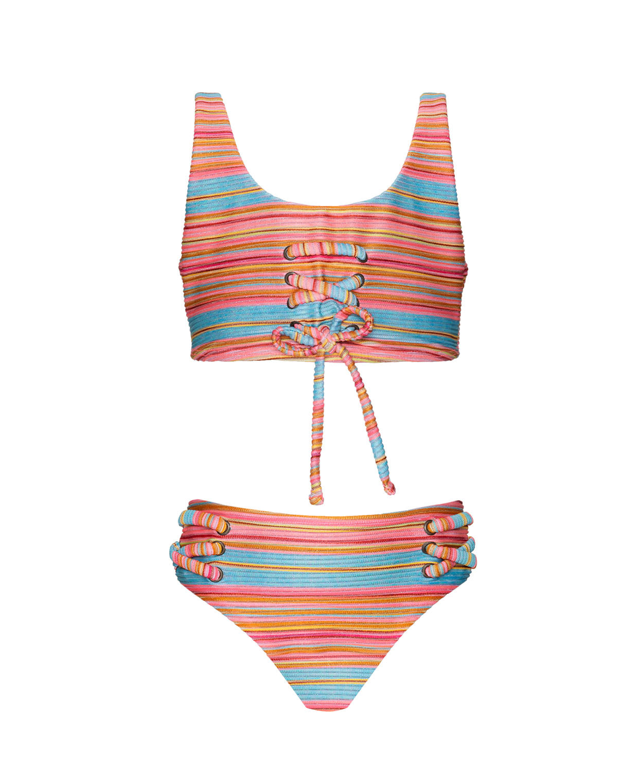 A colorful striped kids bikini against a white wall. 